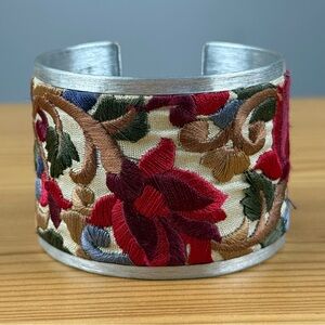 Ten Thousand Villages Chandni Ribbon Bracelet Floral Embroidered Cuff Bracelet